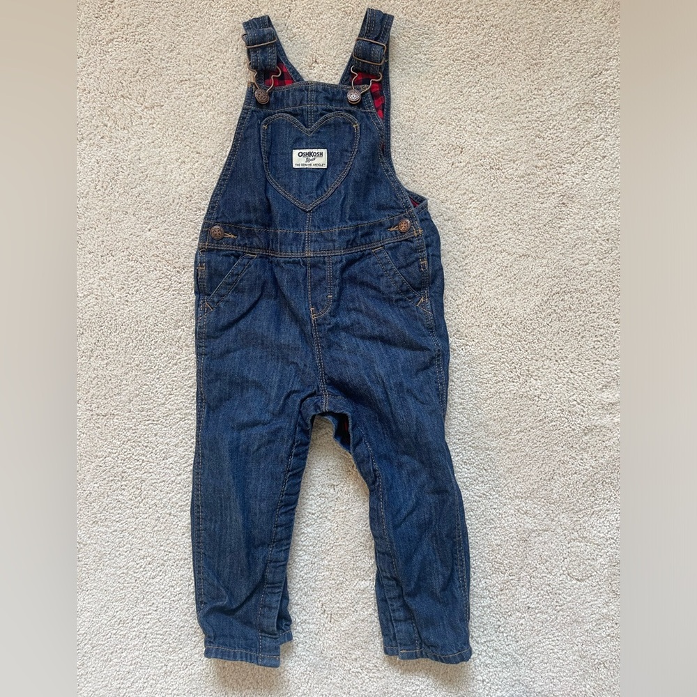 OshKosh toddler denim overalls heart front, red/black plaid lining 24 months